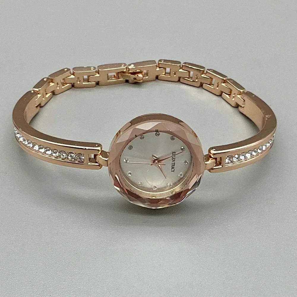 Ellen Tracy Watch Women's Rose Gold Tone Crystal Bracelet 30mm NEW BATTERY